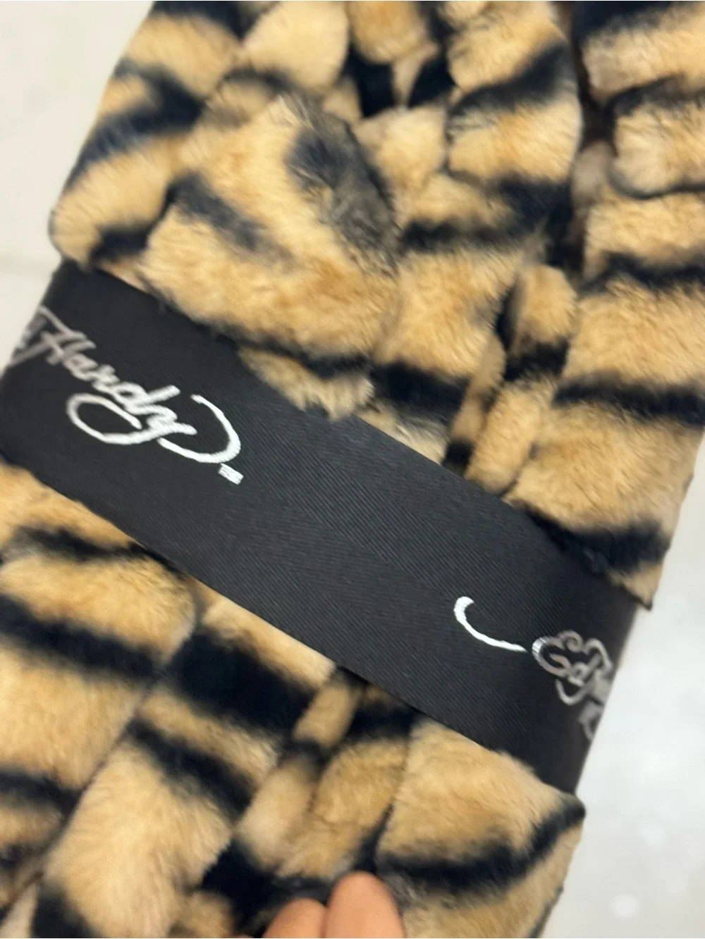 Ed Hardy Faux Fur Tiger Stripe Throw Blanket - Beige and Black